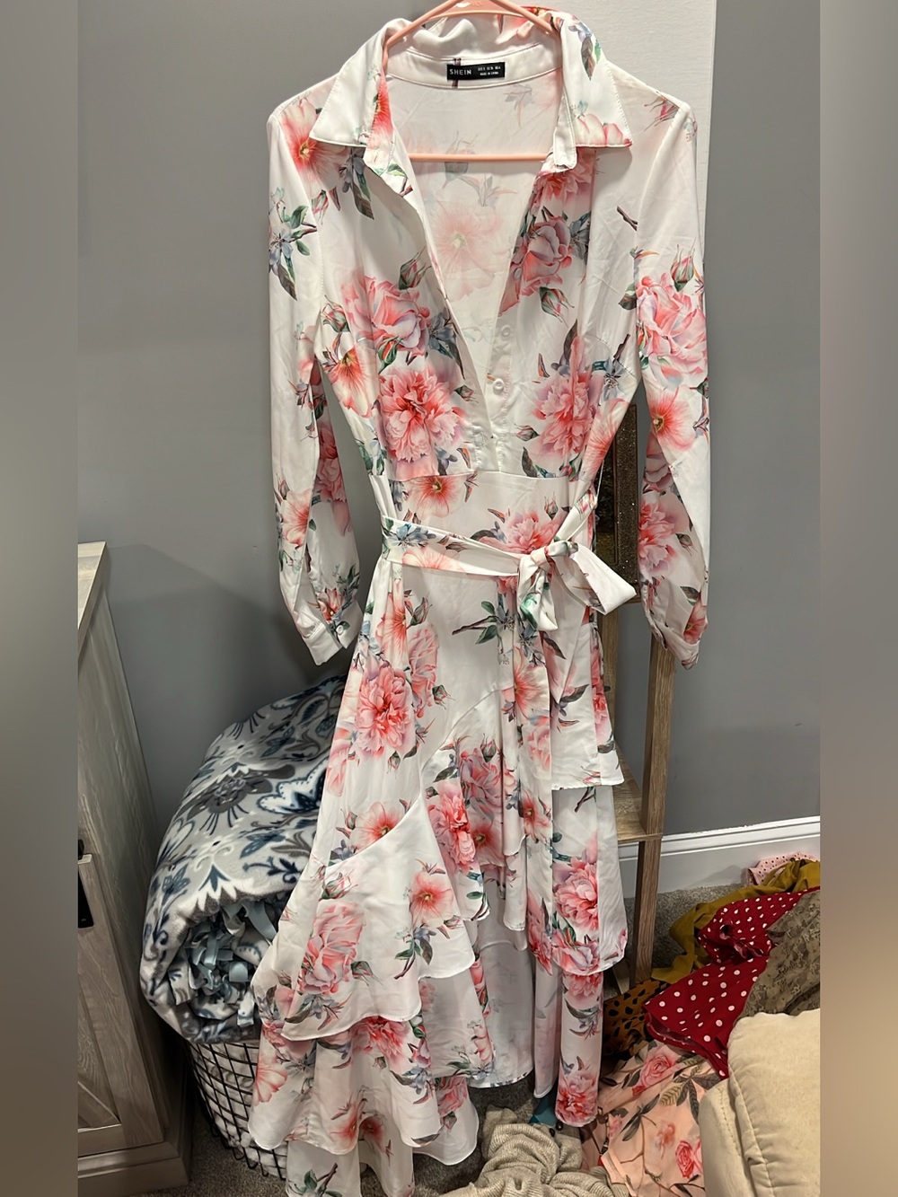 SHEIN White Floral Wrap Maxi Dress with Pink Blooms